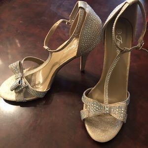 Gold rhinestone bow heels